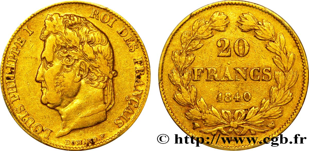 20 francs or Louis-Philippe, Domard 1840 Lille F.527/23 SS40 