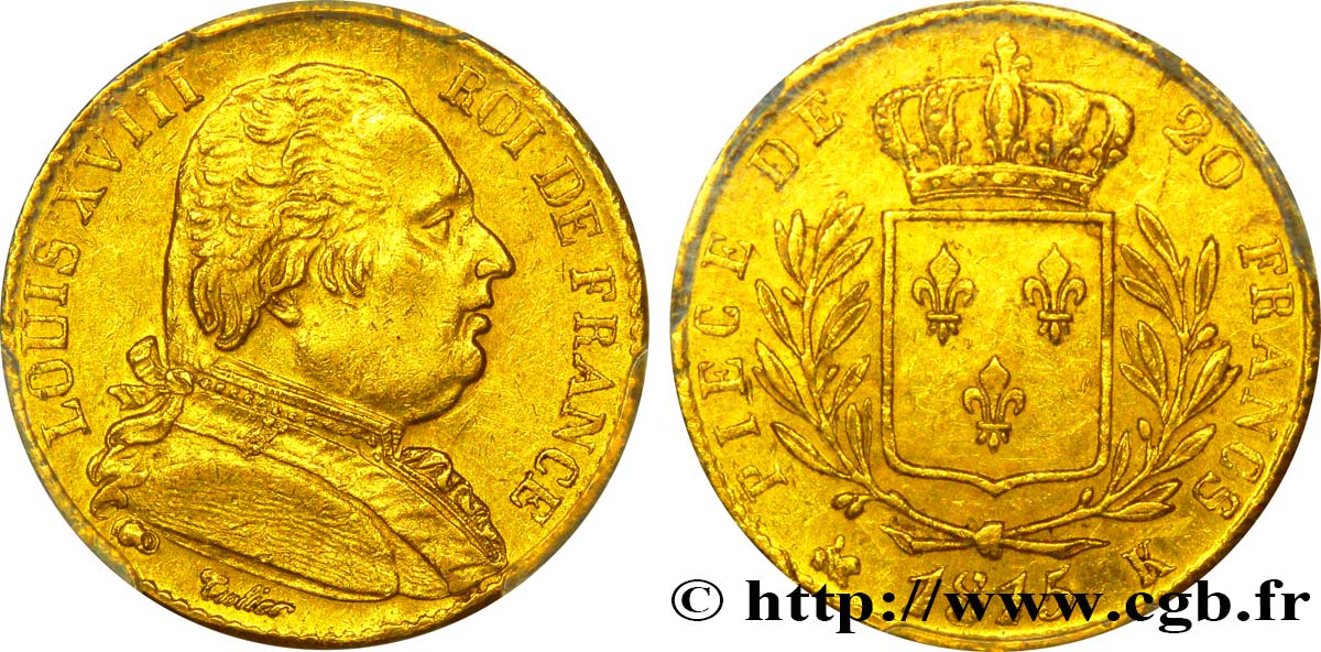 20 francs or Louis XVIII, buste habillé   1815 Bordeaux F.517/12 XF48 