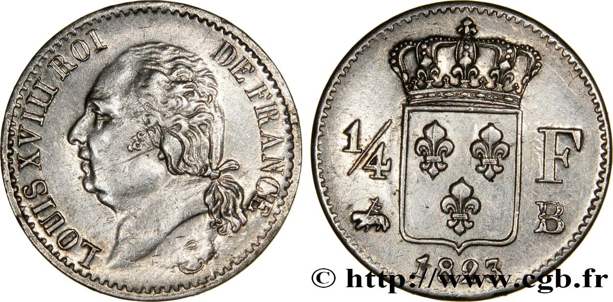 1/4 franc Louis XVIII  1823 Rouen F.163/25 SS48 