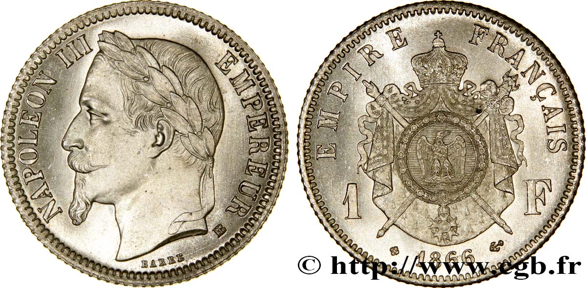 1 franc Napoléon III, tête laurée 1866 Strasbourg F.215/4 MS65 
