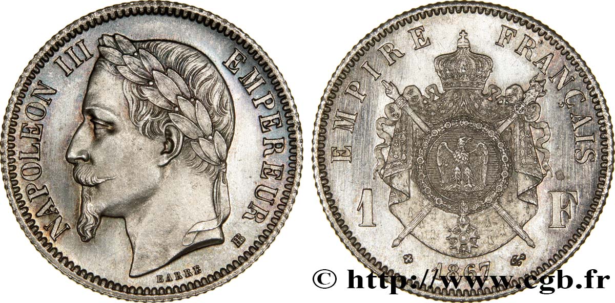 1 franc Napoléon III, tête laurée 1867 Strasbourg F.215/7 MS64 