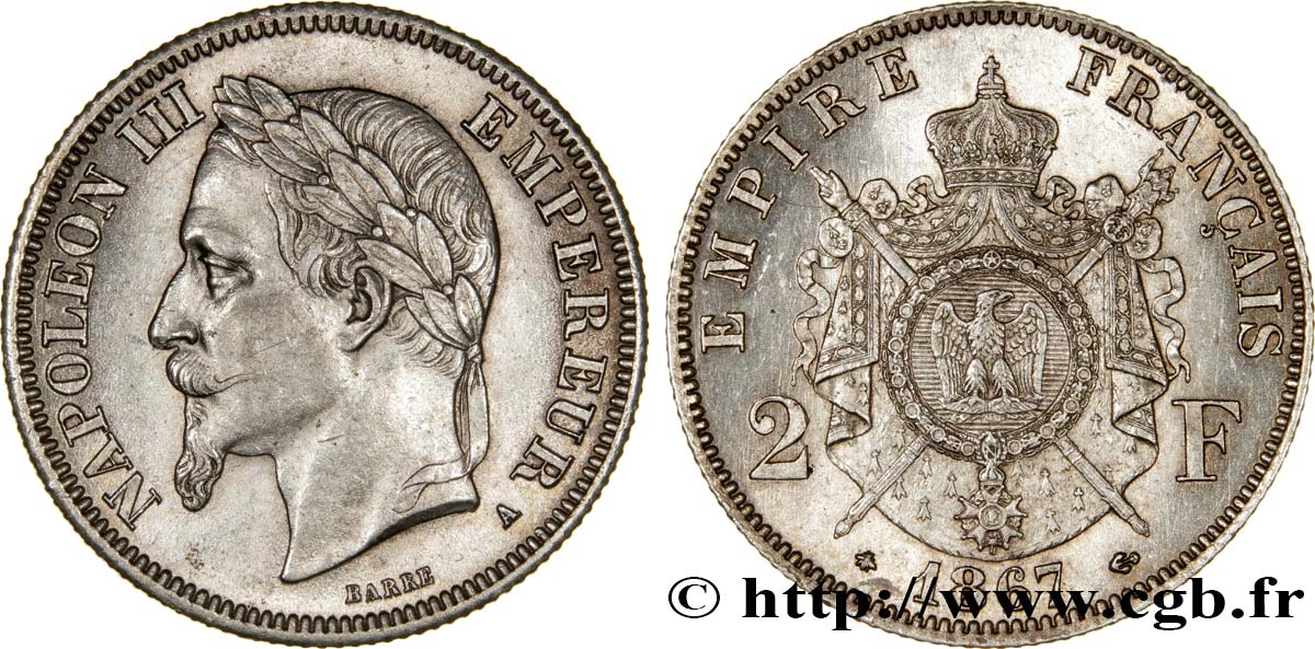 2 francs Napoléon III, tête laurée 1867 Paris F.263/5 VZ58 