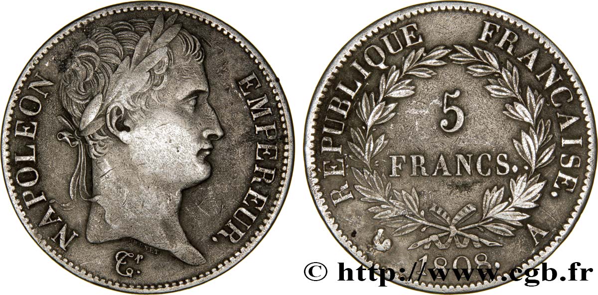 5 francs Napoléon Empereur, République française 1808 Paris F.306/2 TTB45 