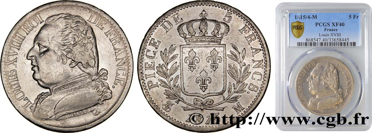 5 francs Louis XVIII, buste habillé 1815 Toulouse F.308/26 TTB40 PCGS