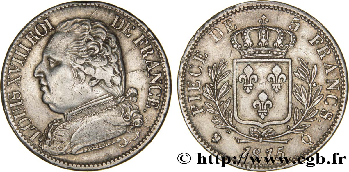 5 francs Louis XVIII, buste habillé 1815 Perpignan F.308/29 AU50 
