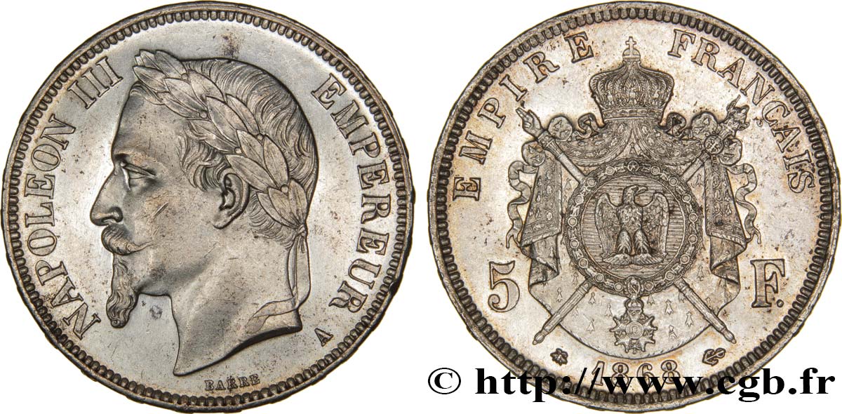 5 francs Napoléon III, tête laurée 1868 Paris F.331/12 SUP55 