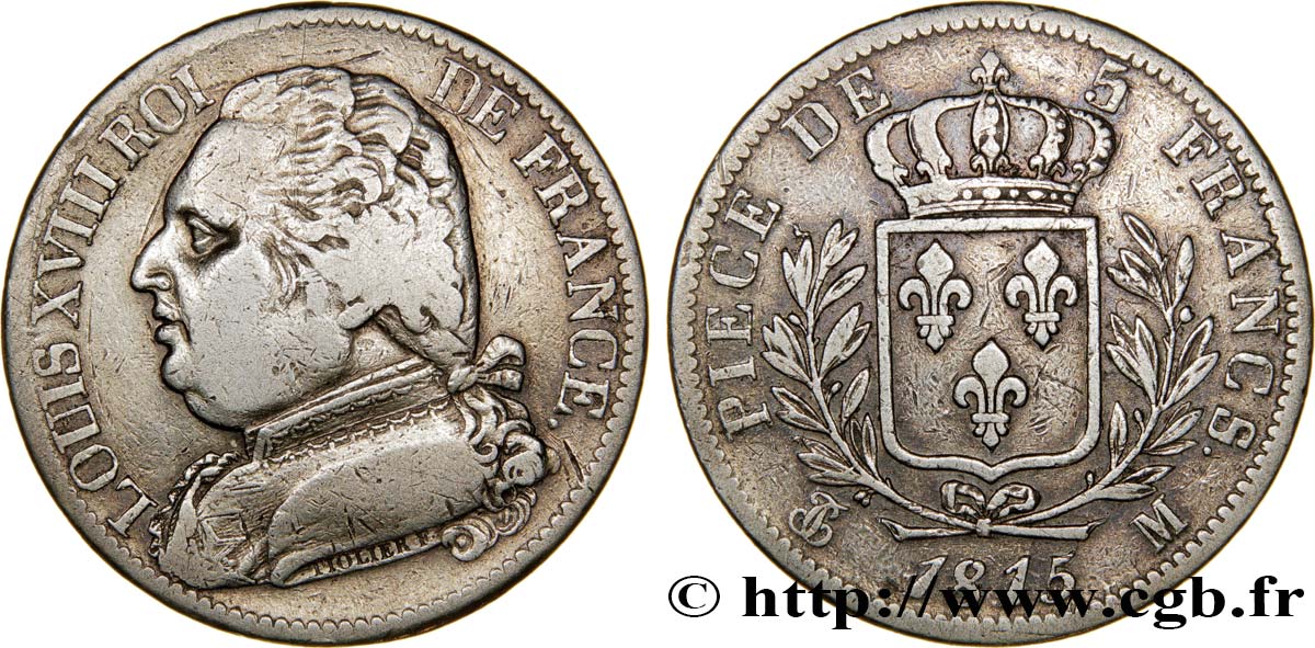 5 francs Louis XVIII, buste habillé 1815 Toulouse F.308/25 TB25 