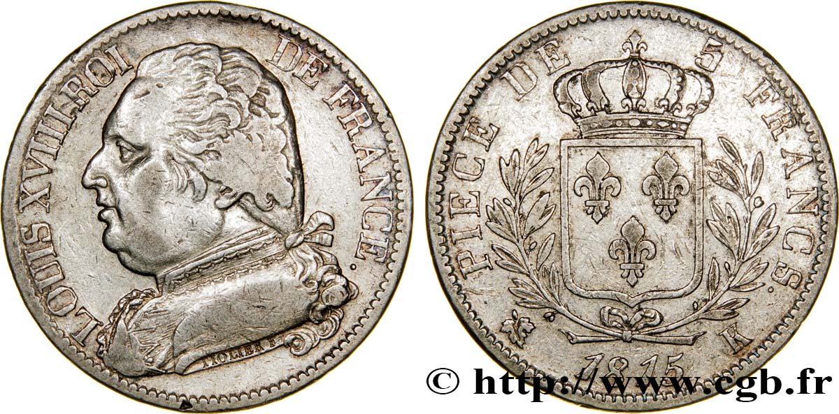 5 francs Louis XVIII, buste habillé 1815 Bordeaux F.308/22 TB25 