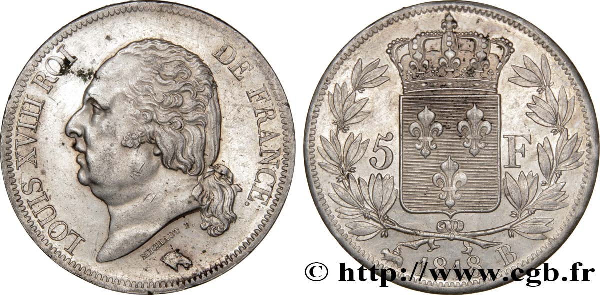 5 francs Louis XVIII, tête nue 1818 Rouen F.309/29 VZ60 