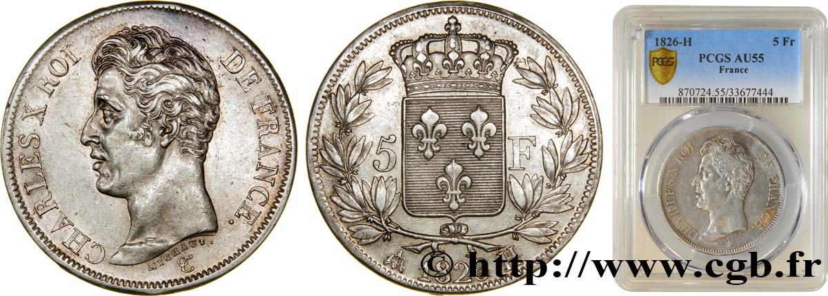 5 francs Charles X, 1er type 1826 La Rochelle F.310/19 AU55 PCGS