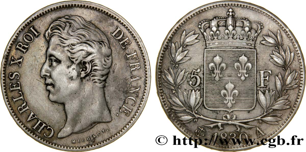 5 francs Charles X 2e type, tranche en relief 1830 Paris F.312/1 VF30 