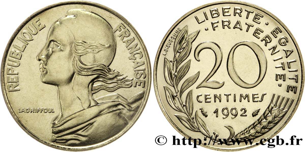 20 centimes Marianne, BU (Brillant Universel), frappe médaille 1992 Pessac F.156/34 MS68 