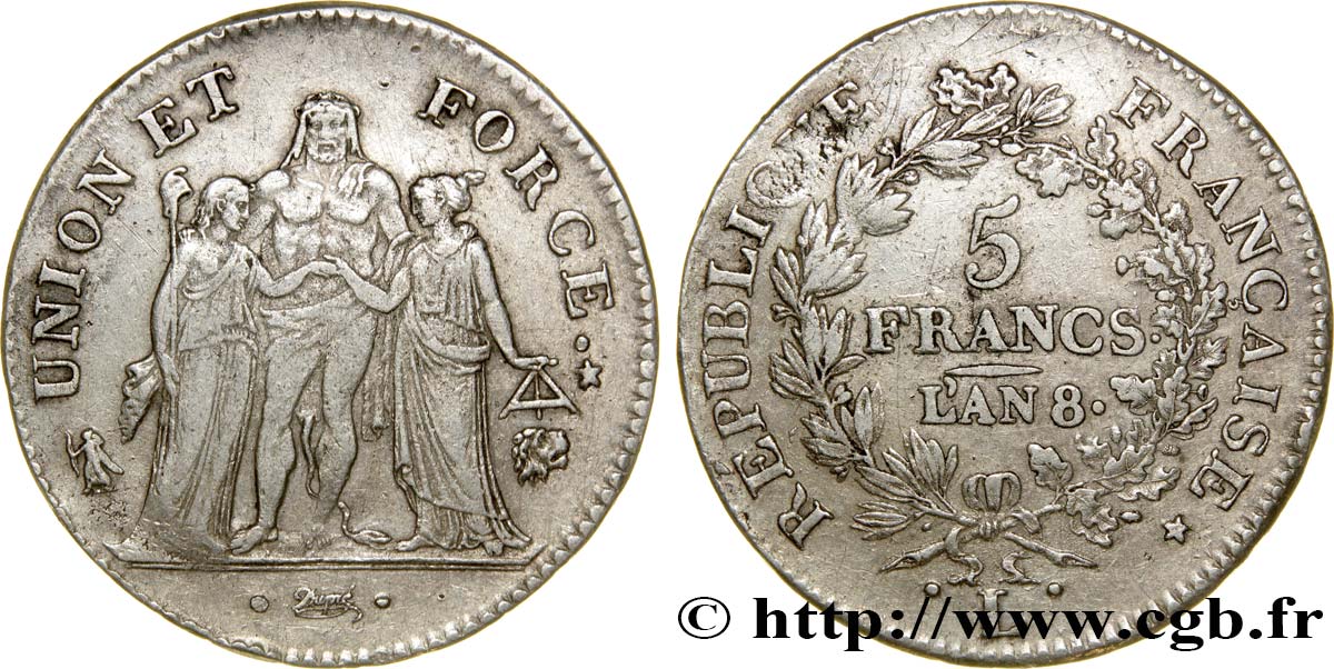 5 francs Union et Force, Union serré, avec glands intérieurs et gland extérieur 1800 Bayonne F.288/142 AU50 