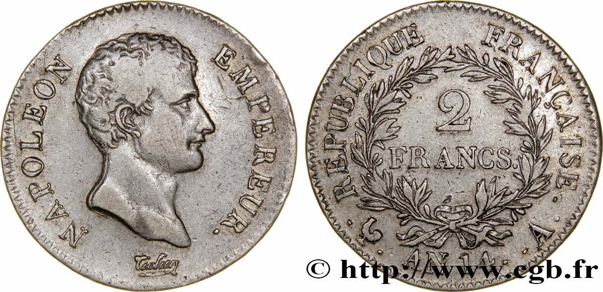 2 francs Napoléon Empereur, Calendrier révolutionnaire 1805 Paris F.251/27 MB30 