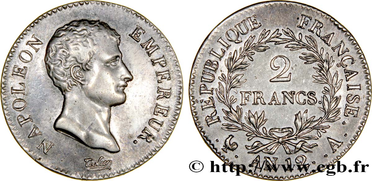 2 francs Napoléon Empereur, Calendrier révolutionnaire 1804 Paris F.251/1 TTB48 