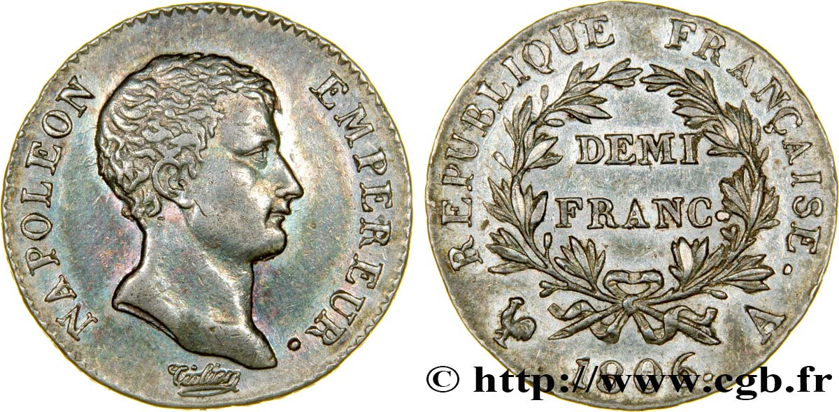 Demi-franc Napoléon Empereur, Calendrier grégorien 1806 Paris F.175/1 AU58 