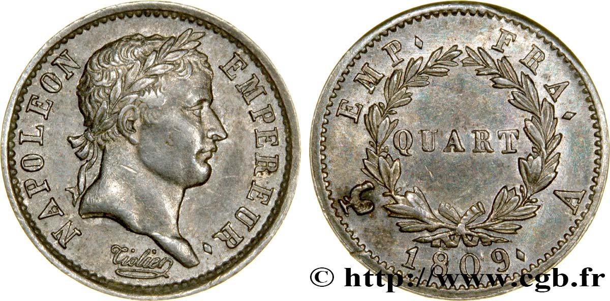 Quart (de franc) Napoléon Ier tête laurée, Empire français 1809 Paris F.162/1 AU52 