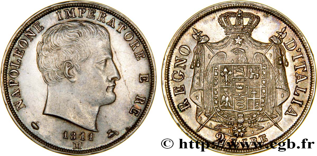 2 lire Napoléon Empereur et Roi d’Italie 1811 Milan M.242  SUP58 