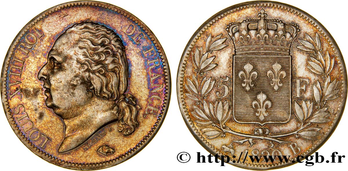 5 francs Louis XVIII, tête nue 1820 Rouen F.309/50 XF45 