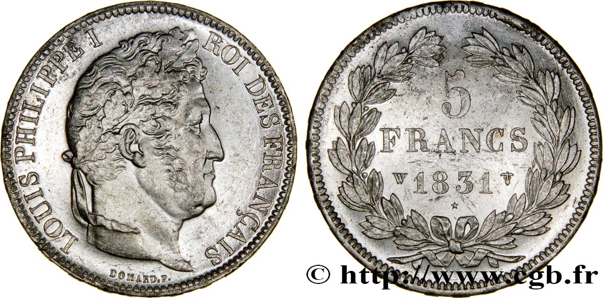 5 francs, Ier type Domard, tranche en relief 1831 Lille F.320/13 AU58 
