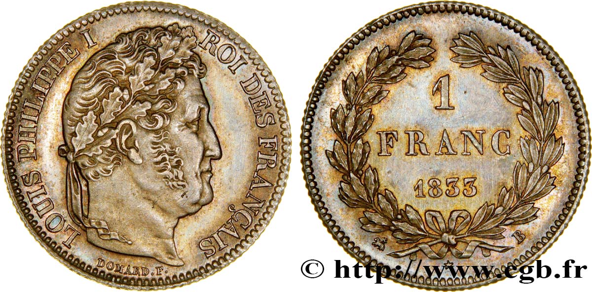 1 franc Louis-Philippe, couronne de chêne 1833 Rouen F.210/15 VZ62 