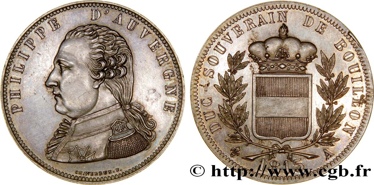 Essai apocryphe en argent au module de 5 francs pour Philippe d’Auvergne 1815  Maz.7  SC64 