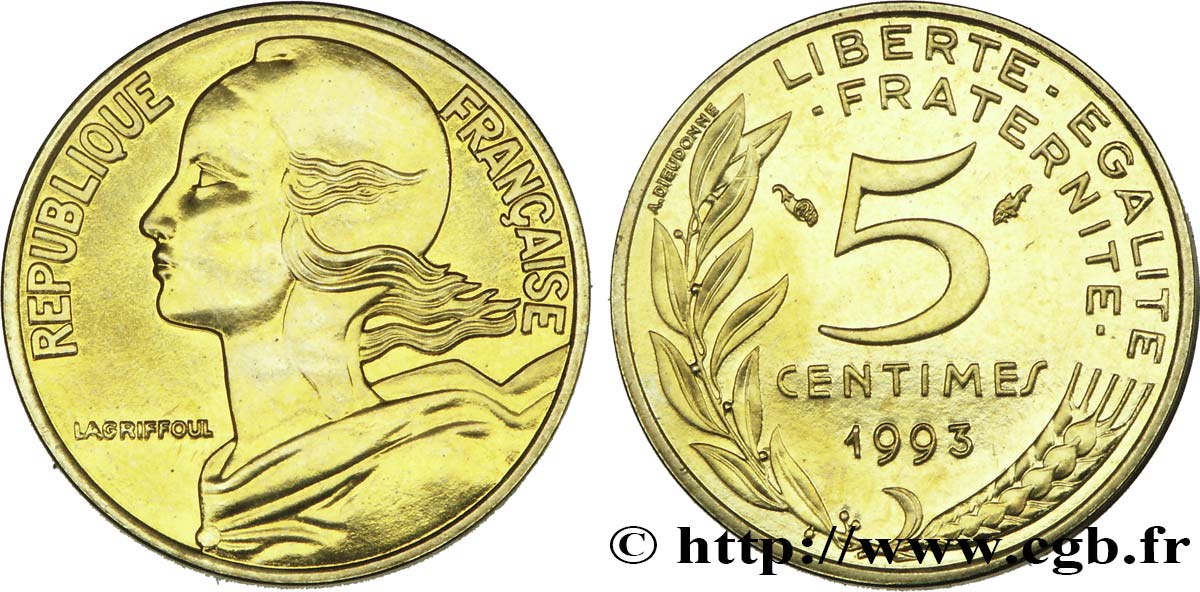 5 centimes Marianne, BU (Brillant Universel), frappe médaille 1993 Pessac F.125/34 FDC66 