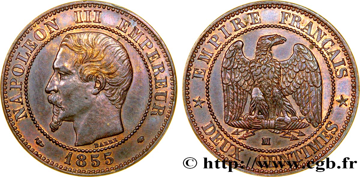Deux centimes Napoléon III, tête nue 1855 Marseille F.107/35 AU54 