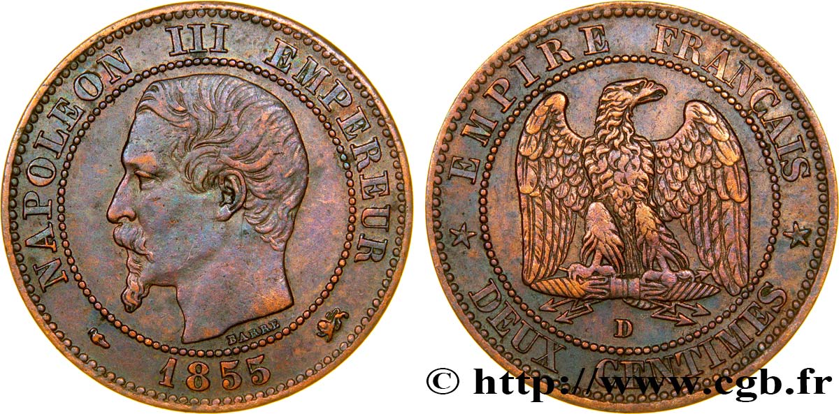 Deux centimes Napoléon III, tête nue 1855 Lyon F.107/29 TTB45 