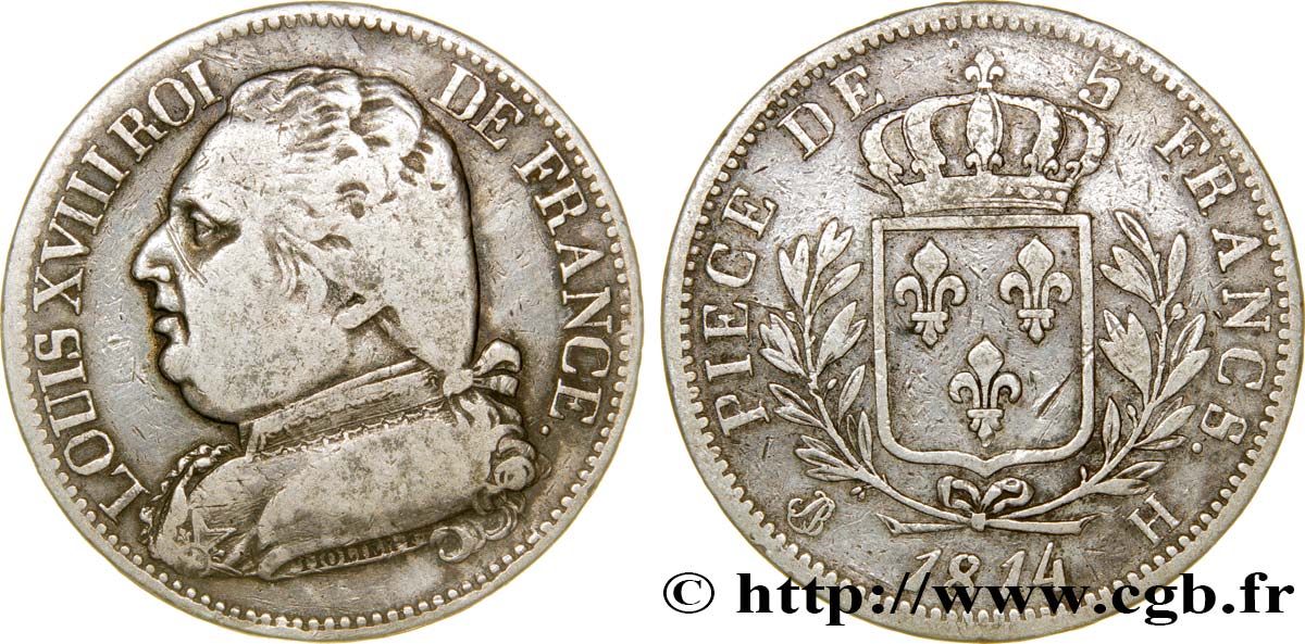 5 francs Louis XVIII, buste habillé 1814 La Rochelle F.308/5 TB22 