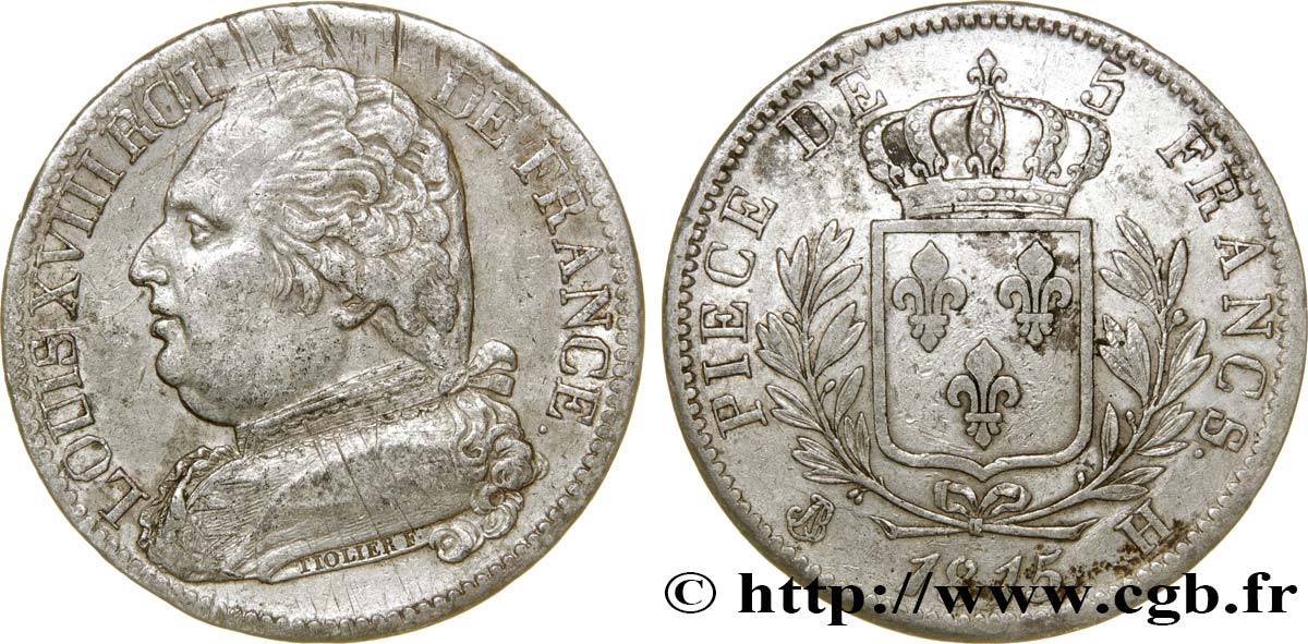 5 francs Louis XVIII, buste habillé 1815 La Rochelle F.308/19 SS42 