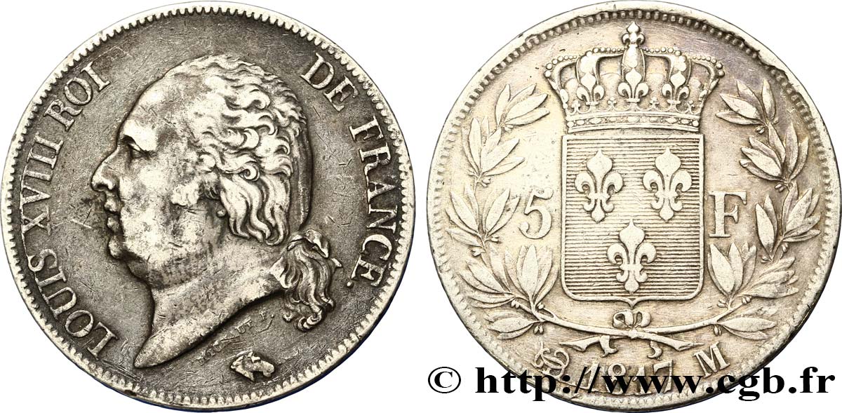 5 francs Louis XVIII, tête nue 1817 Toulouse F.309/23 MBC40 