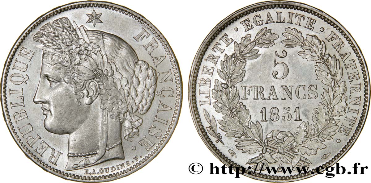 5 francs Cérès, IIe République 1851 Paris F.327/7 MS60 