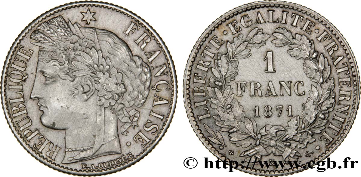1 franc Cérès, Troisième République 1871 Bordeaux F.216/3 MBC45 