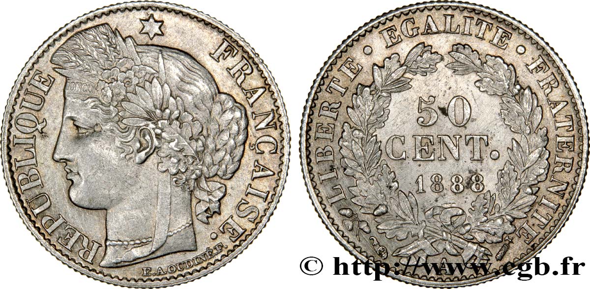 50 centimes Cérès, IIIe République 1888 Paris F.189/13 SUP58 