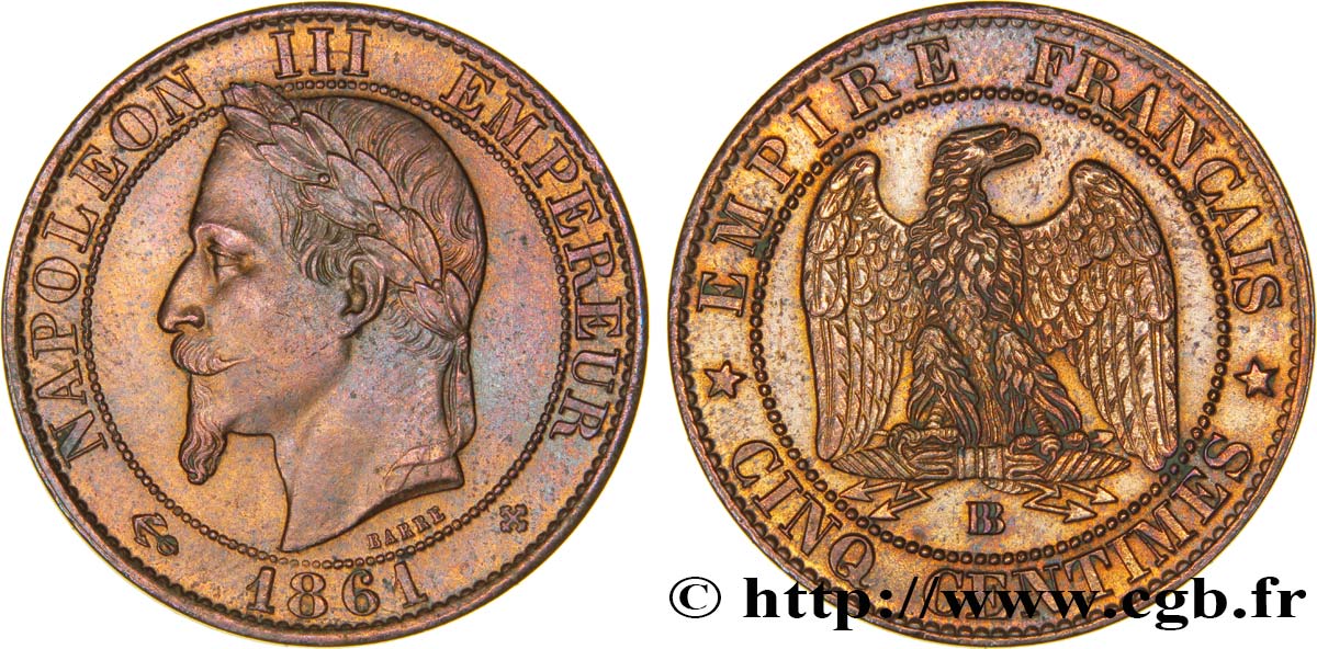 Cinq centimes Napoléon III, tête laurée 1861 Strasbourg F.117/5 SUP61 