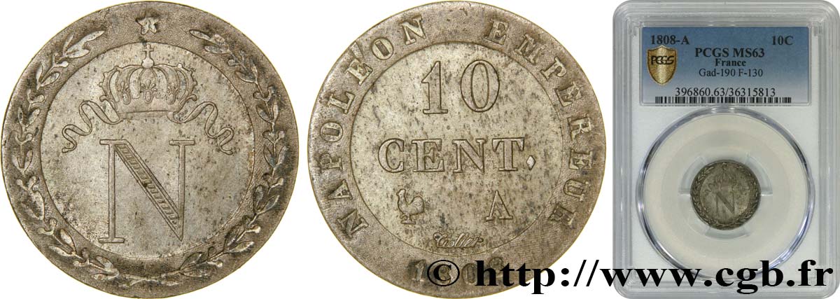 10 cent. à l N couronnée 1808 Paris F.130/2 SPL63 PCGS
