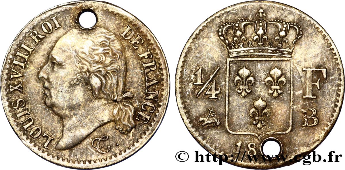 1/4 franc Louis XVIII  18-- Rouen F.163/ TTB 