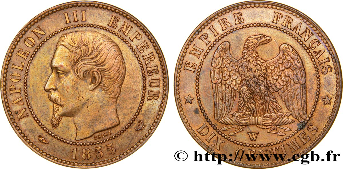 Dix centimes Napoléon III, tête nue 1855 Lille F.133/32 AU50 