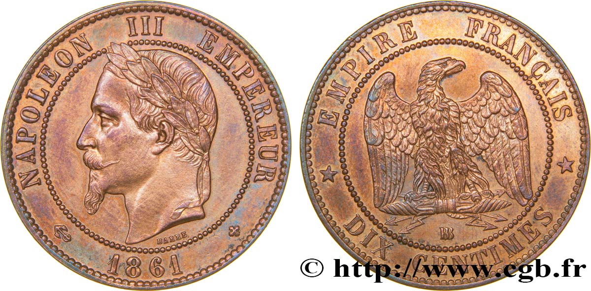 Dix centimes Napoléon III, tête laurée 1861 Strasbourg F.134/3 SUP61 