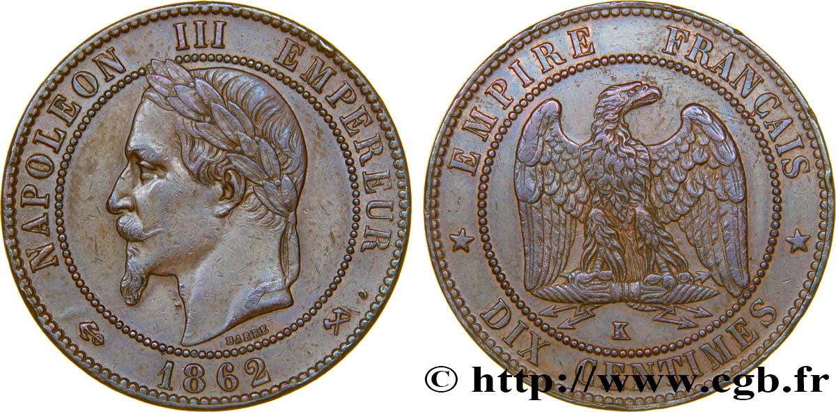 Dix centimes Napoléon III, tête laurée 1862 Bordeaux F.134/9 BB48 