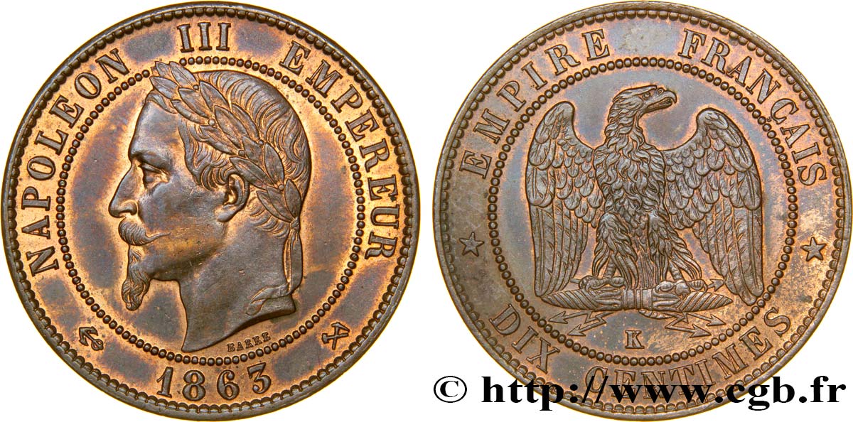 Dix centimes Napoléon III, tête laurée 1863 Bordeaux F.134/12 VZ55 