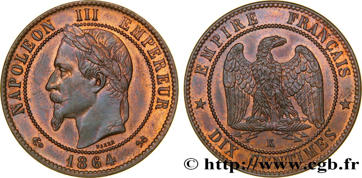 Dix centimes Napoléon III, tête laurée 1864 Bordeaux F.134/15 SUP58 