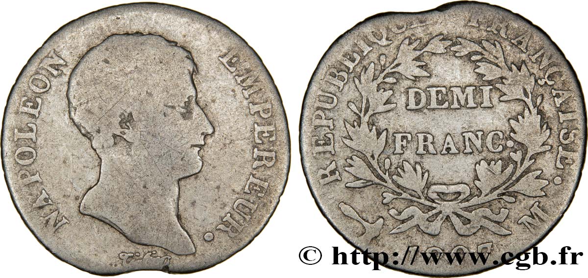 Demi-franc Napoléon Empereur, Calendrier grégorien 1807 Toulouse F.175/9 B8 