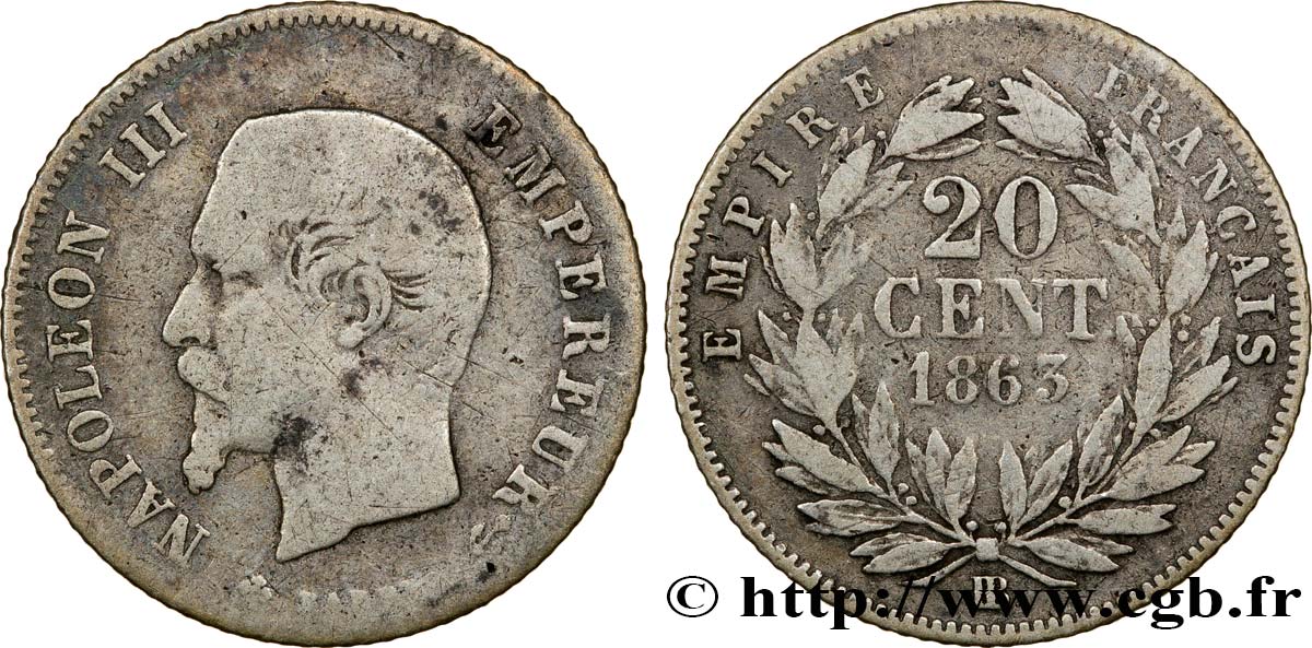 20 centimes Napoléon III, tête nue 1863 Strasbourg F.148/18 MB15 