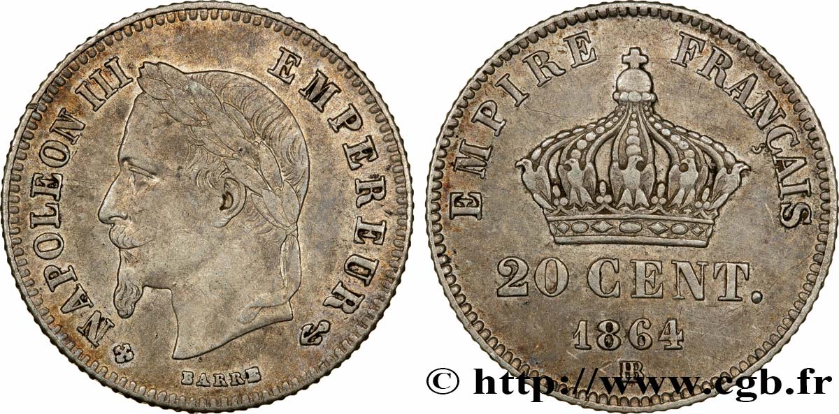 20 centimes Napoléon III, tête laurée, petit module 1864 Strasbourg F.149/2 MBC50 