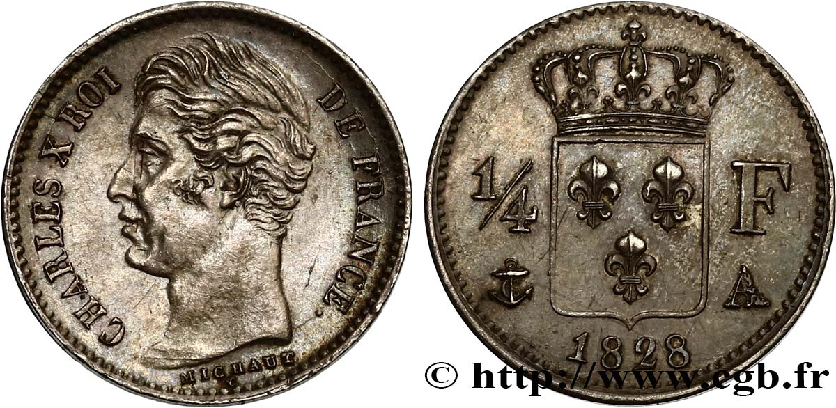 1/4 franc Charles X 1828 Paris F.164/18 EBC59 