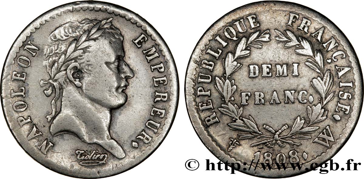 Demi-franc Napoléon Ier tête laurée, République française, buste fin 1808 Lille F.177/16 TB38 