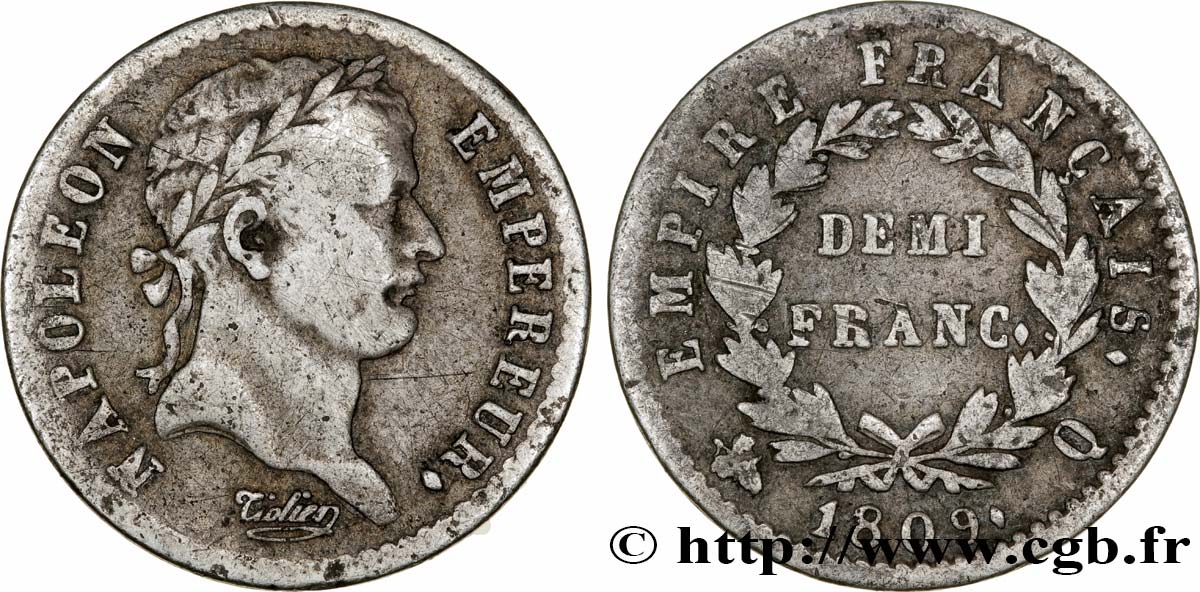 Demi-franc Napoléon Ier tête laurée, Empire français 1809 Perpignan F.178/7 MB30 