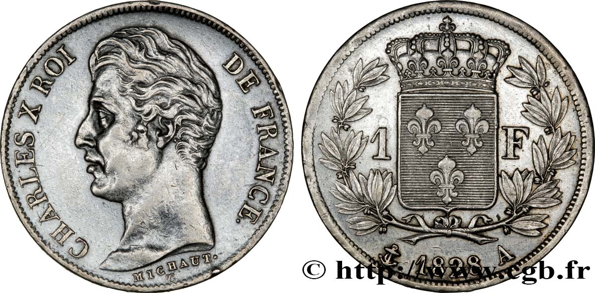 1 franc Charles X, matrice du revers à cinq feuilles 1828 Paris F.207/37 SUP 